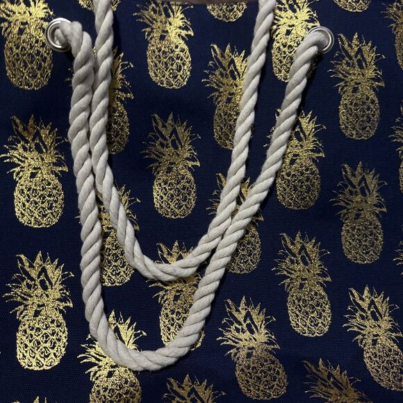 Pineapple Tote Bag Rope String Snap Closure Navy Gold Zipper Accessory Bag NWT - Picture 4 of 6
